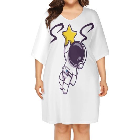 Space Man 23 White Womens Daily Plus Star Size Loose Dress