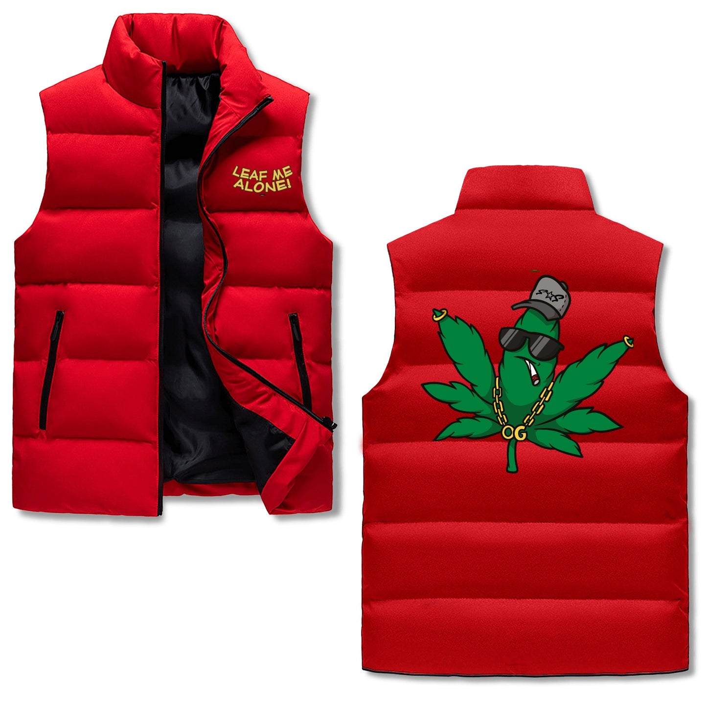 Leaf Me Alone 420 Edition Mens Hooded Puffer Vest