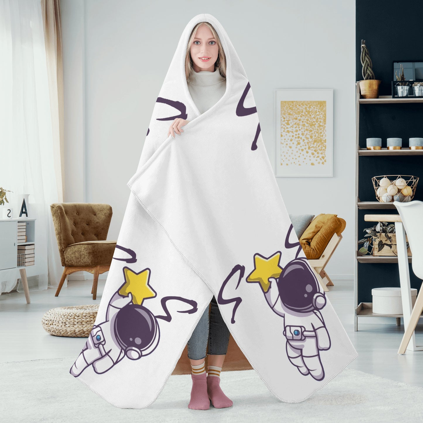 Space Man 23 White Hooded Blanket