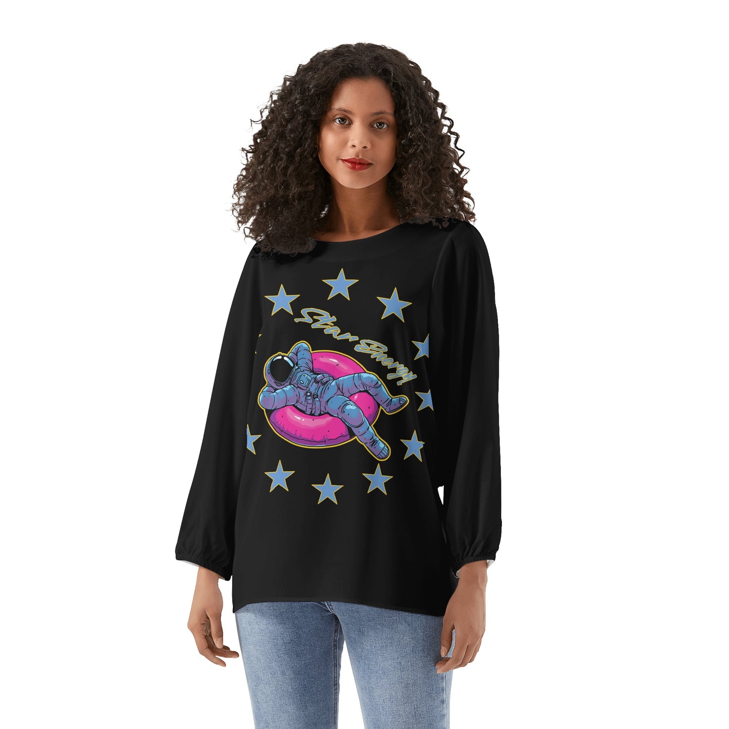 Star Energy 2.0 Womens Black Long-Sleeve Chiffon Blouse