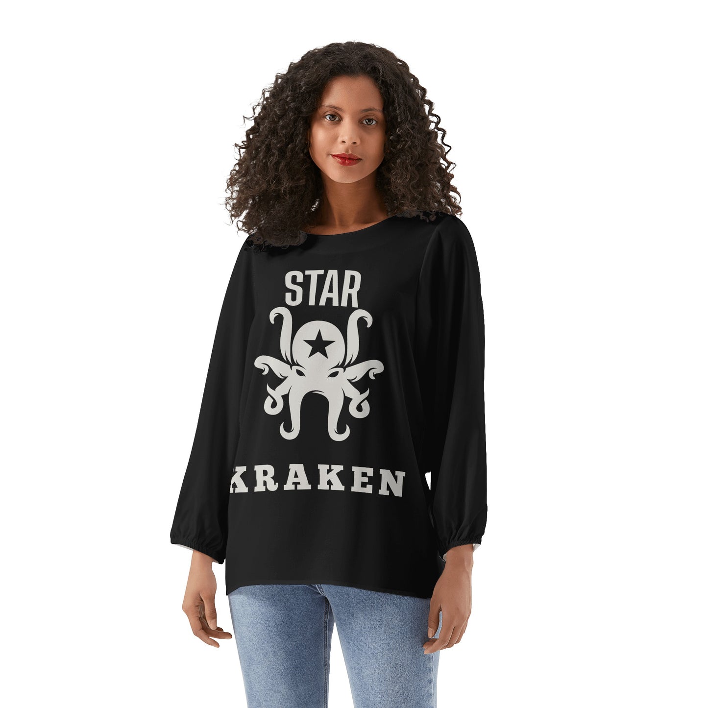 Star Kraken Womens Black Long-Sleeve Chiffon Blouse