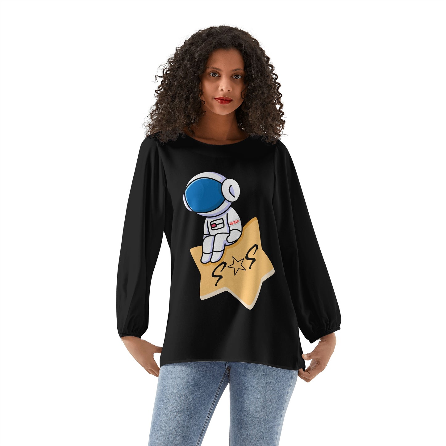 S.O.S Astronaut Womens Black  Long-Sleeve Chiffon Blouse