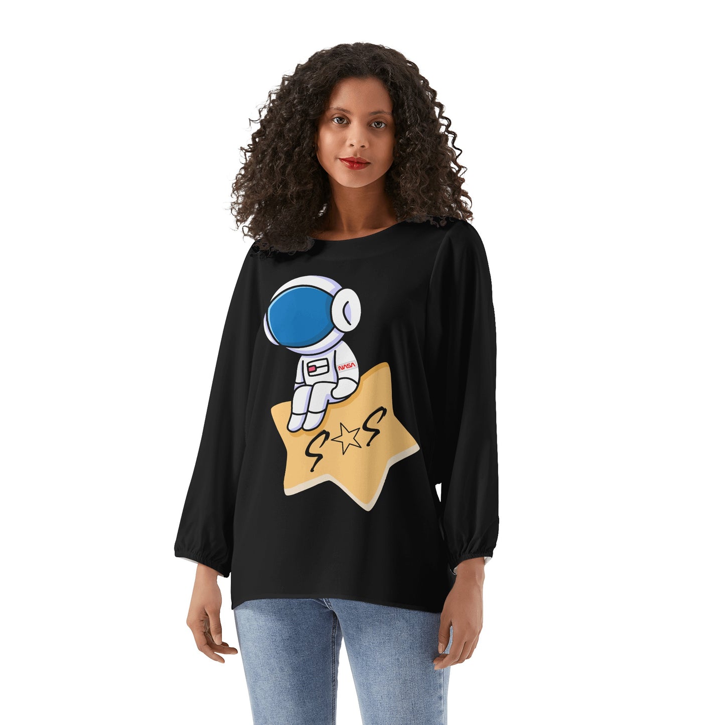 S.O.S Astronaut Womens Black  Long-Sleeve Chiffon Blouse