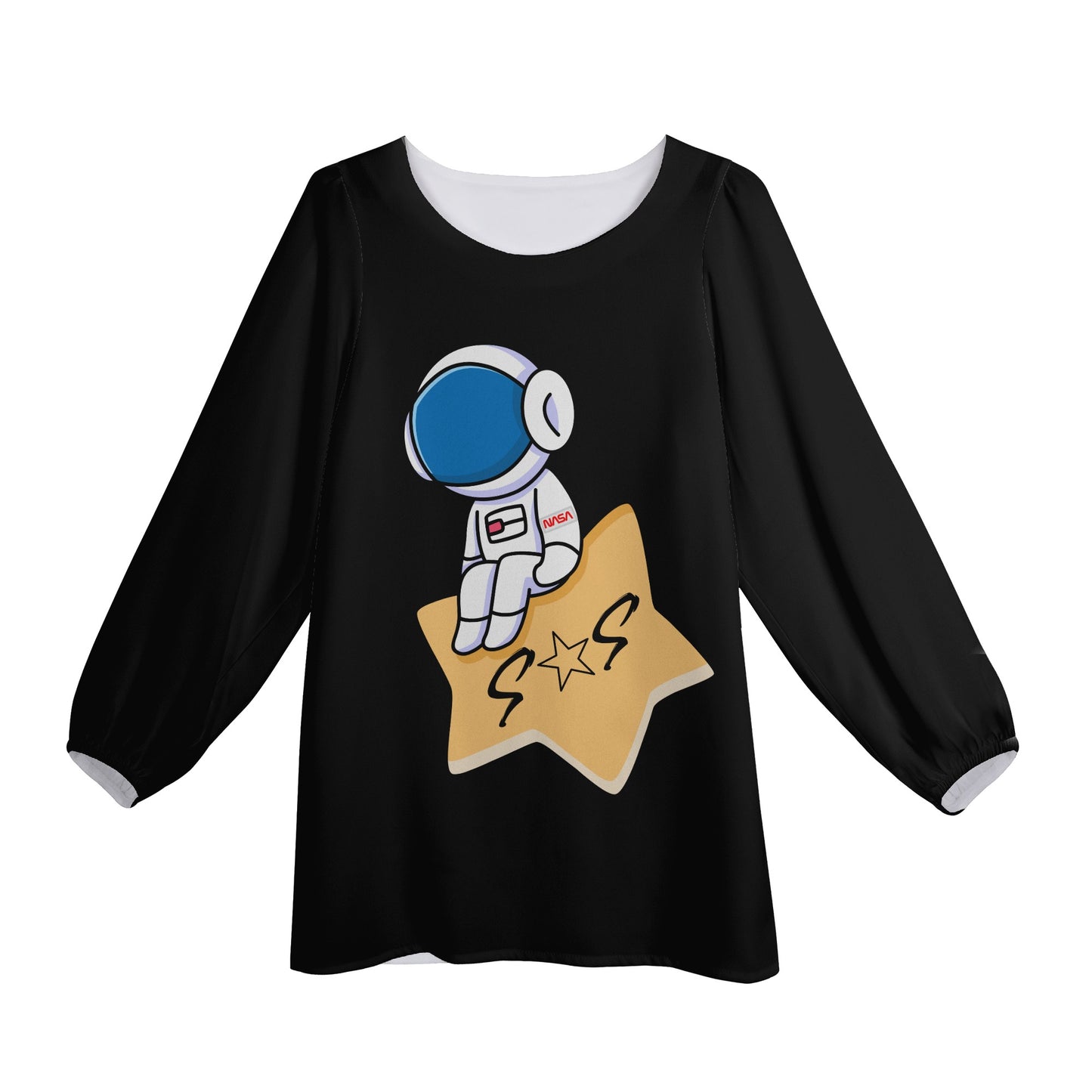 S.O.S Astronaut Womens Black  Long-Sleeve Chiffon Blouse