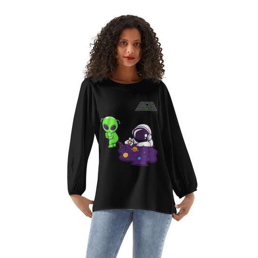 Space Aliens Womens Black Long-Sleeve Chiffon Blouse