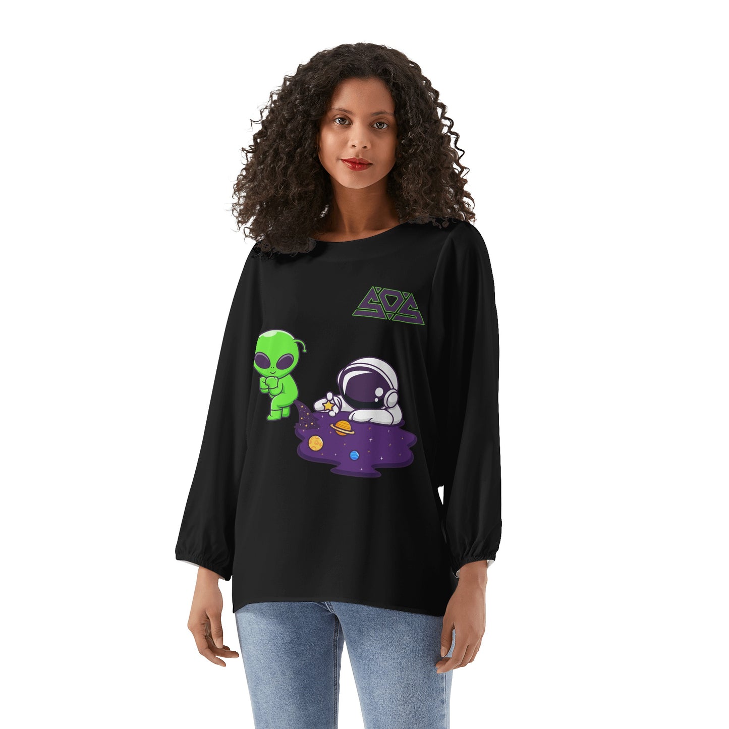 Space Aliens Womens Black Long-Sleeve Chiffon Blouse