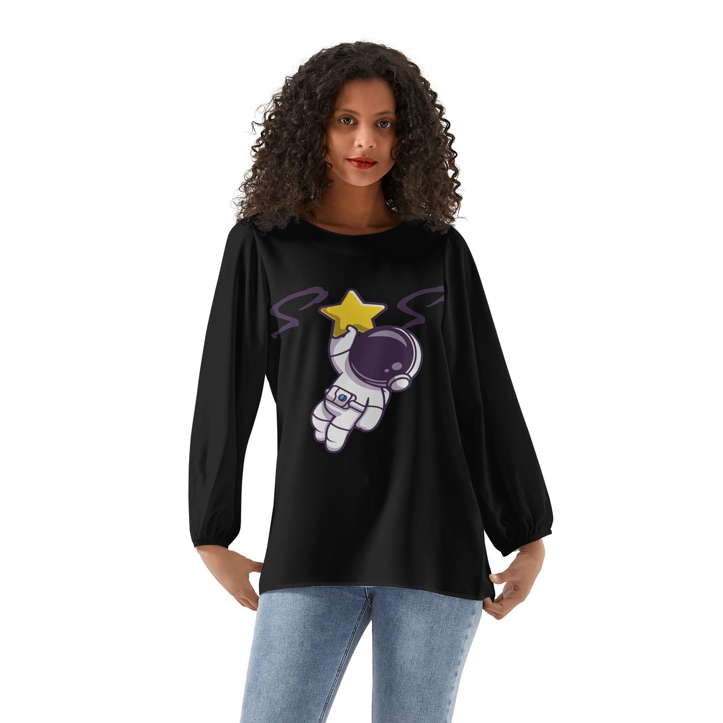 Space Man 23 Womens Black Long-Sleeve Chiffon Blouse