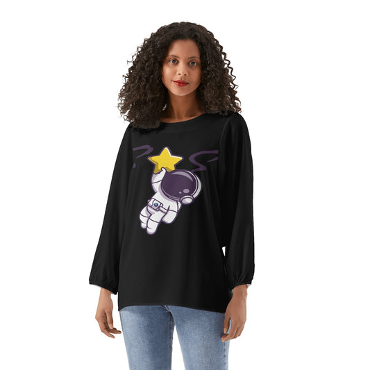 Space Man 23 Womens Black Long-Sleeve Chiffon Blouse