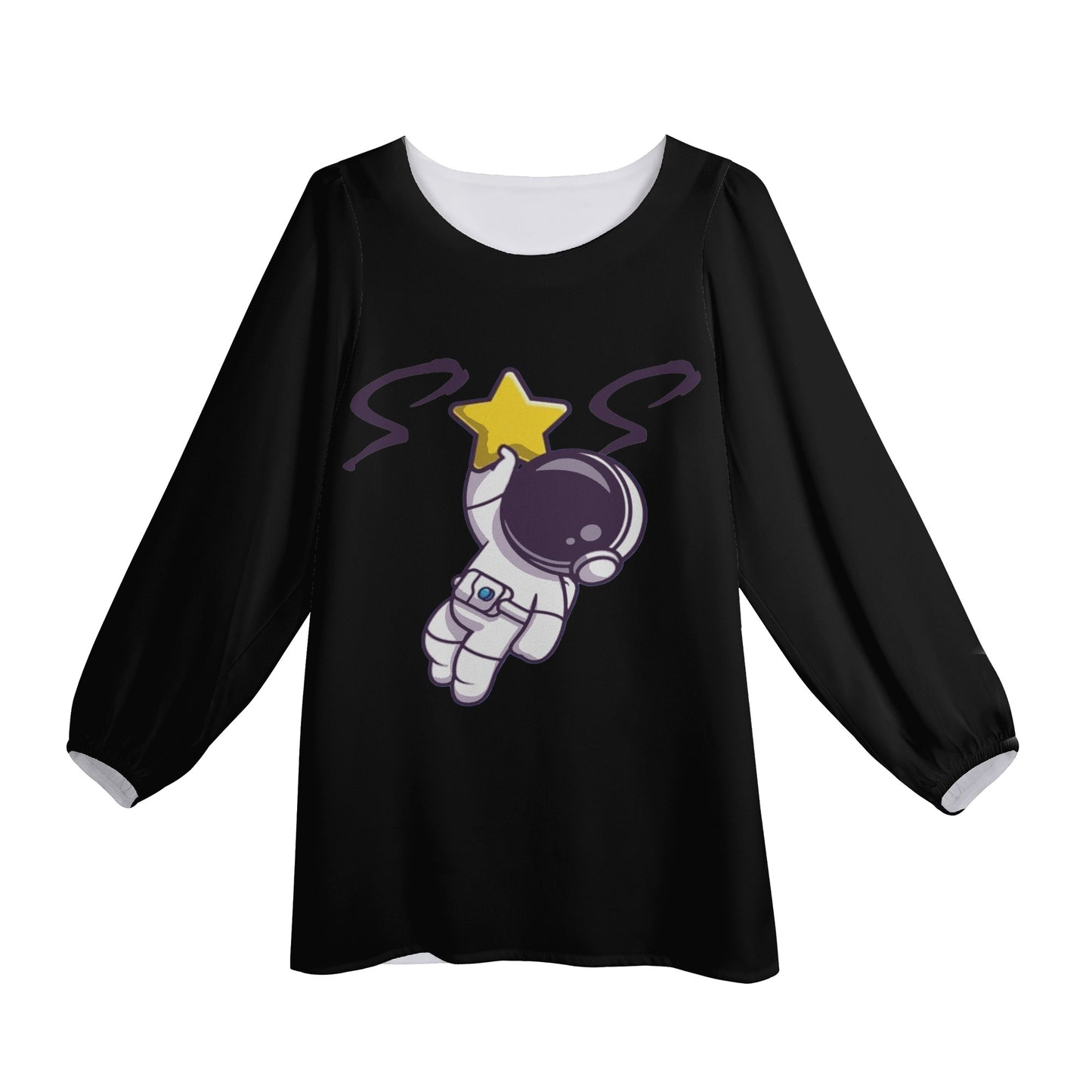 Space Man 23 Womens Black Long-Sleeve Chiffon Blouse