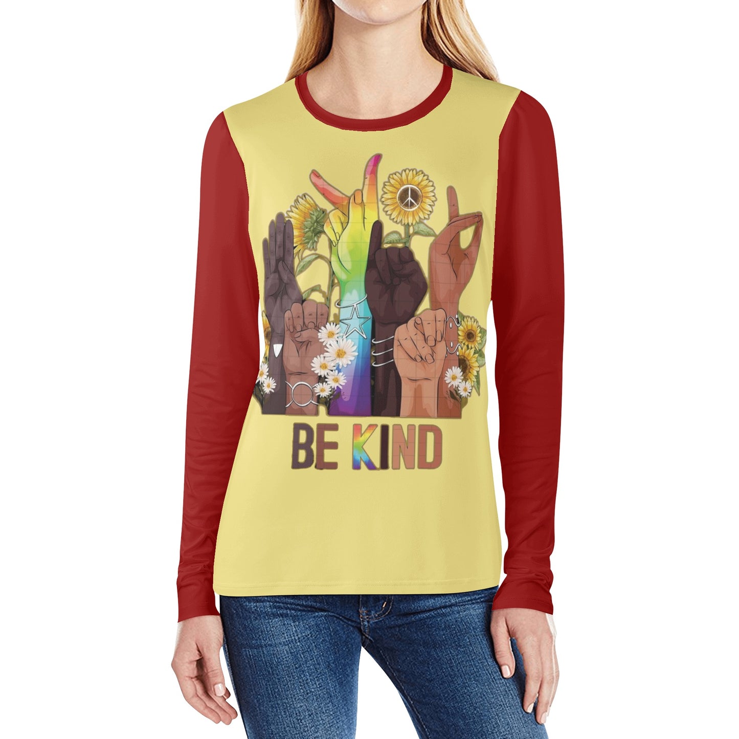 Be Kind (Pride Edition) Tan/ Maroon Womens Long Sleeve T Shirt