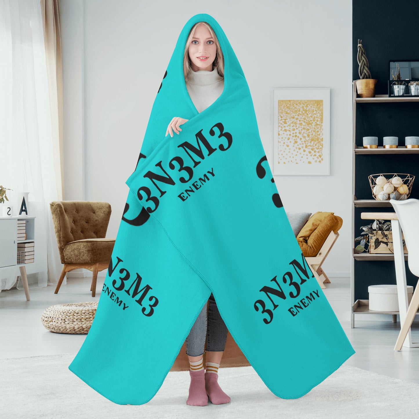 3.N.3.M.3 Enemy Turquoise Hooded Blanket