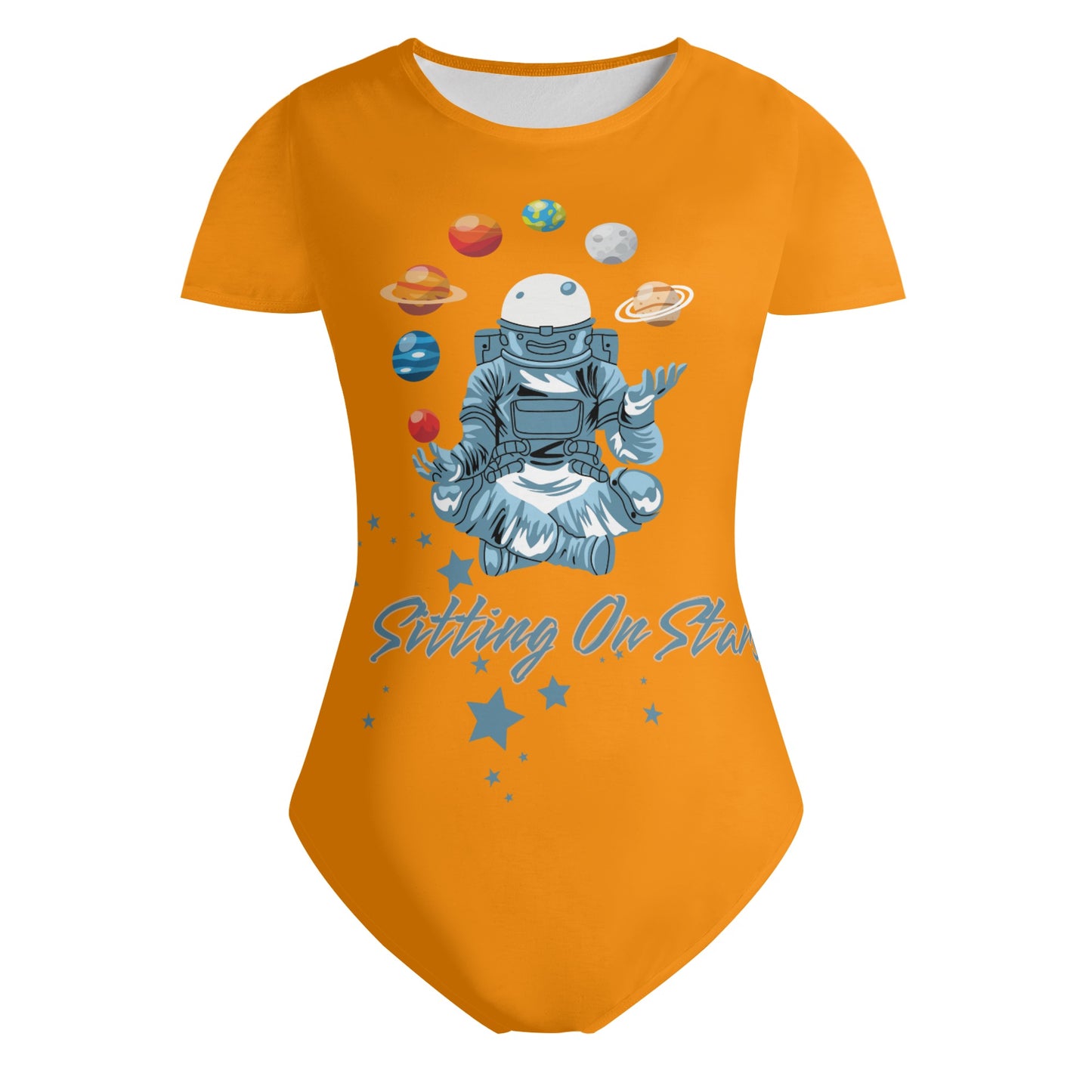 Sitting On Stars Meditation  Womens Orange Soft Short Sleeve Bodysuit