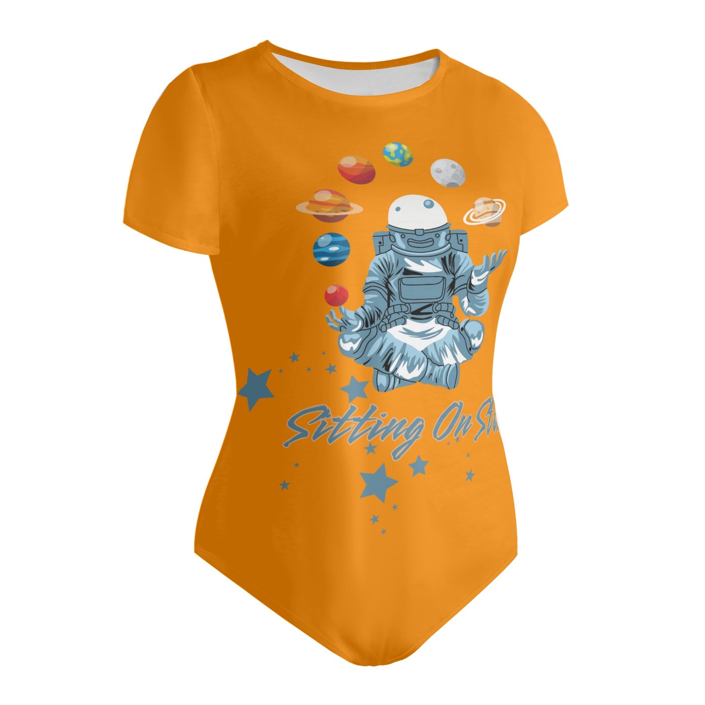 Sitting On Stars Meditation  Womens Orange Soft Short Sleeve Bodysuit