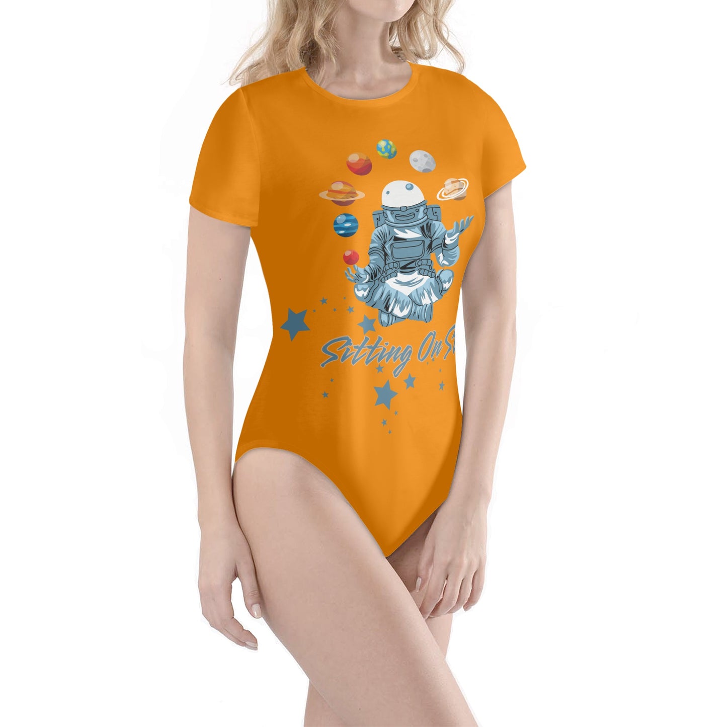 Sitting On Stars Meditation  Womens Orange Soft Short Sleeve Bodysuit