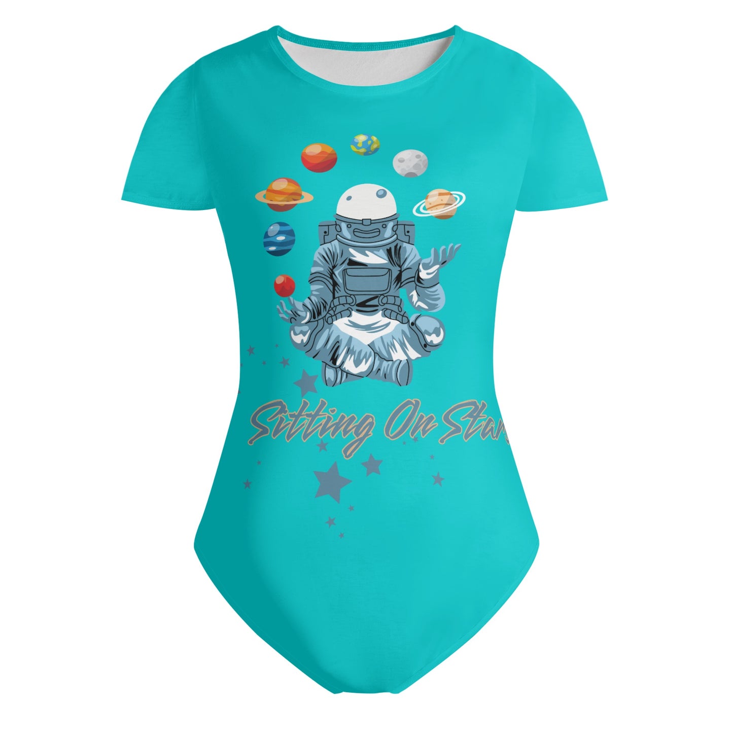 Sitting On Stars Meditation Womens Turquoise Soft Short Sleeve Bodysuit