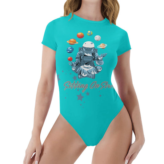 Sitting On Stars Meditation Womens Turquoise Soft Short Sleeve Bodysuit