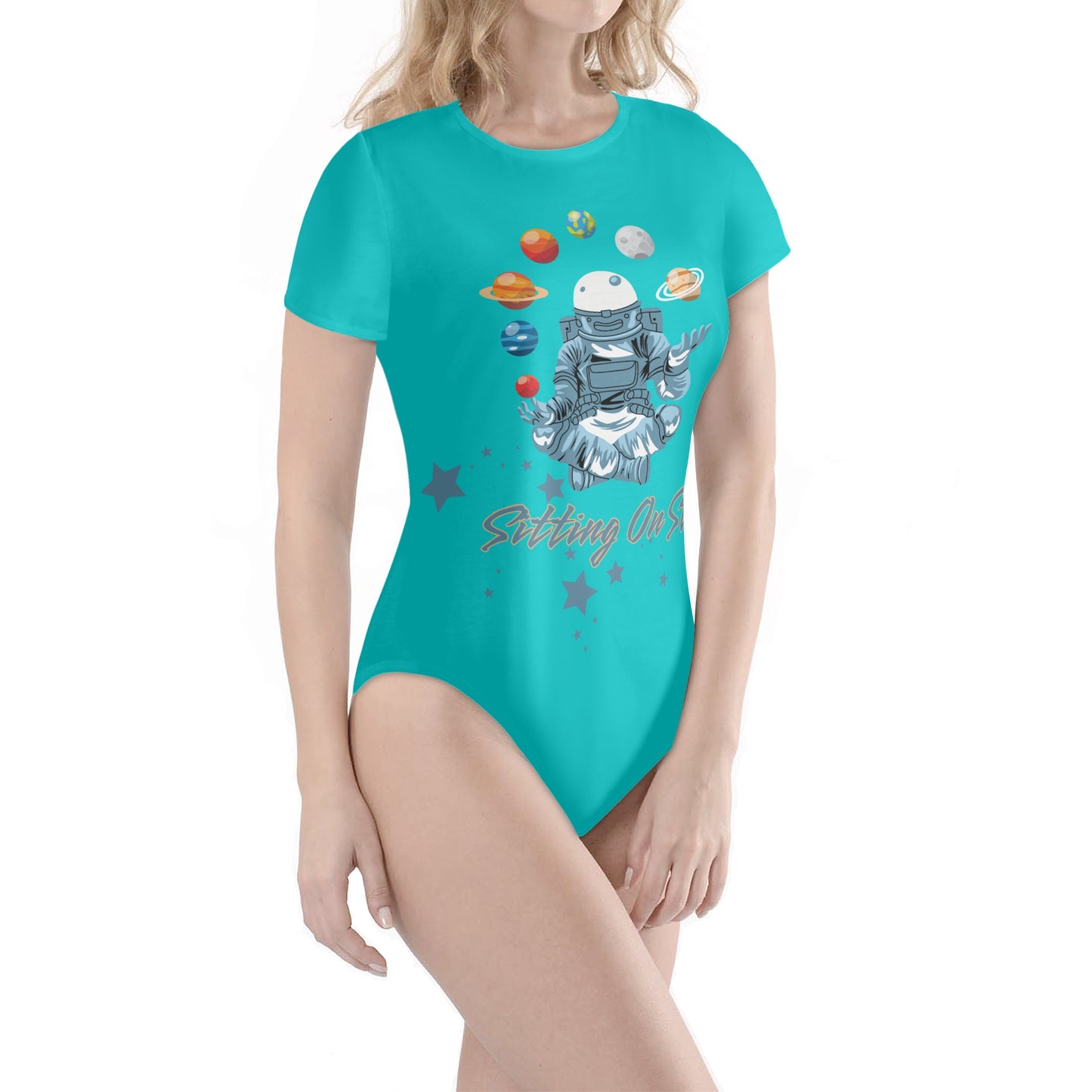 Sitting On Stars Meditation Womens Turquoise Soft Short Sleeve Bodysuit