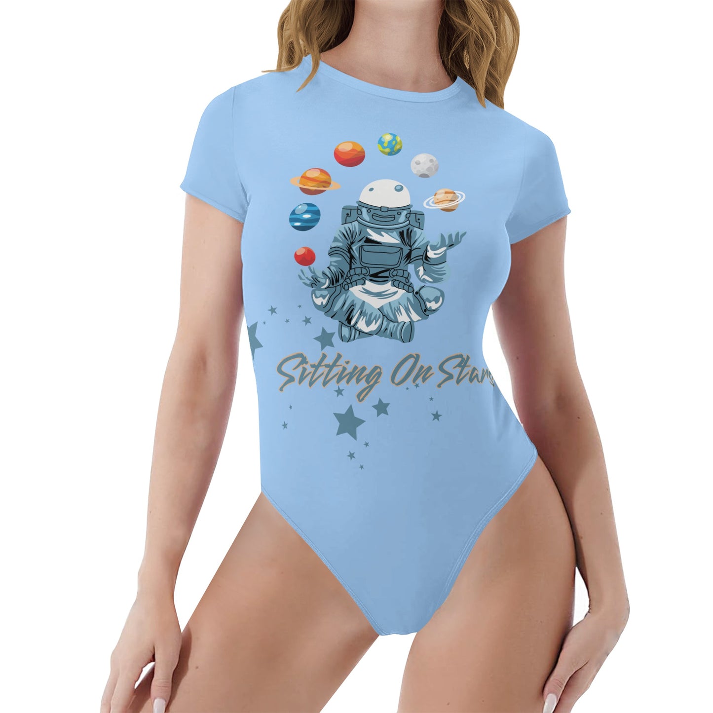 Sitting On Stars Meditation Womens Sky Blue Soft Short Sleeve Bodysuit