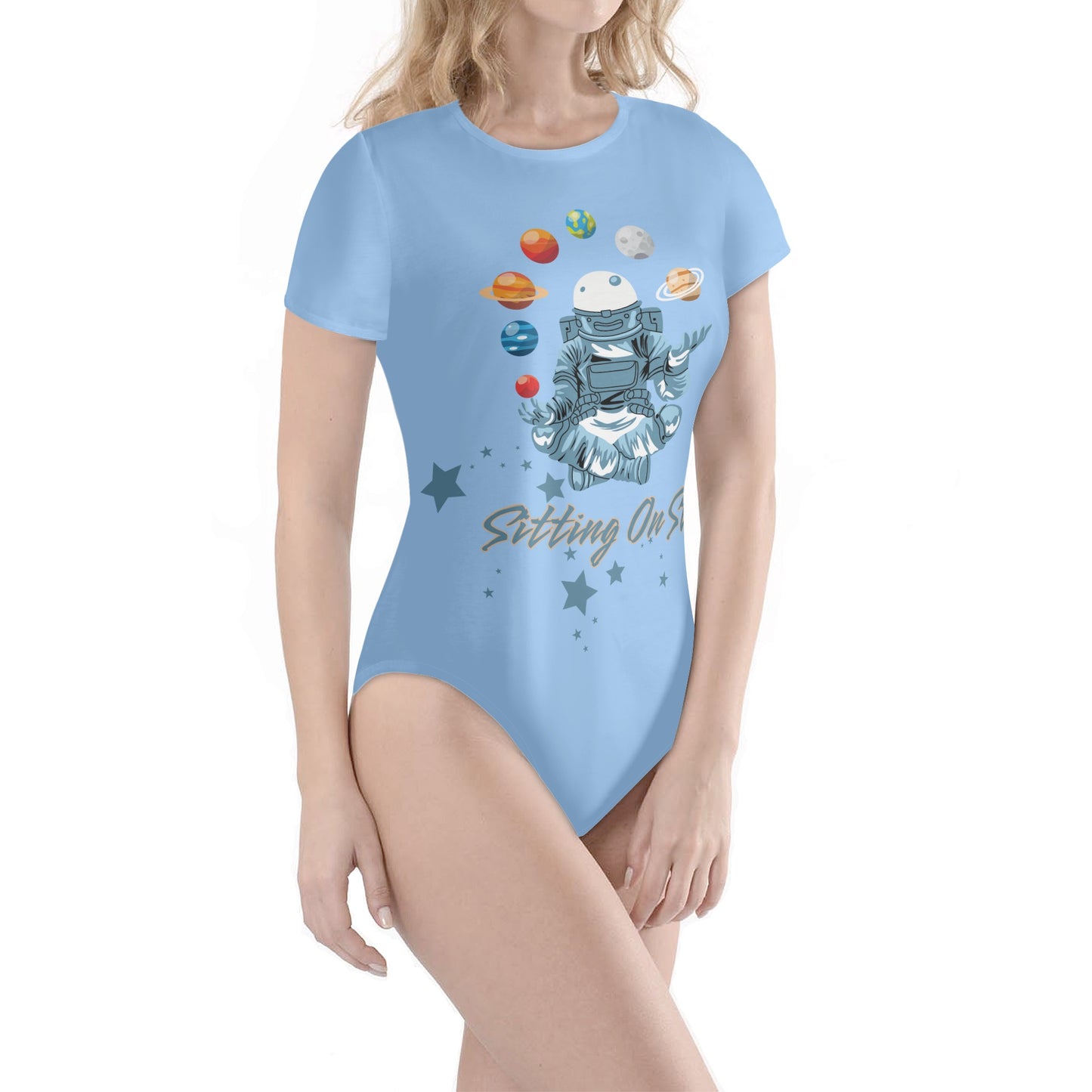 Sitting On Stars Meditation Womens Sky Blue Soft Short Sleeve Bodysuit