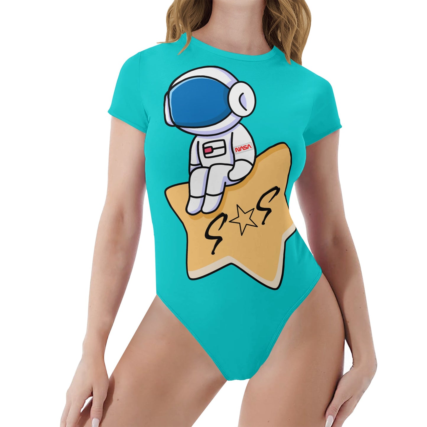 S.O.S Astronaut Womens Turquoise Soft Short Sleeve Bodysuit