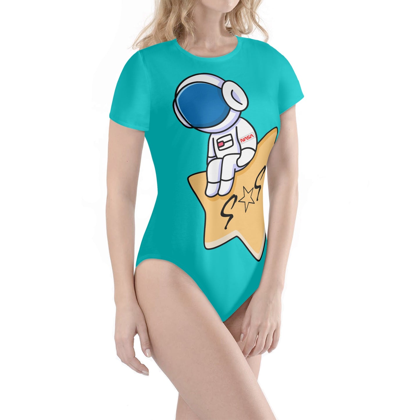 S.O.S Astronaut Womens Turquoise Soft Short Sleeve Bodysuit