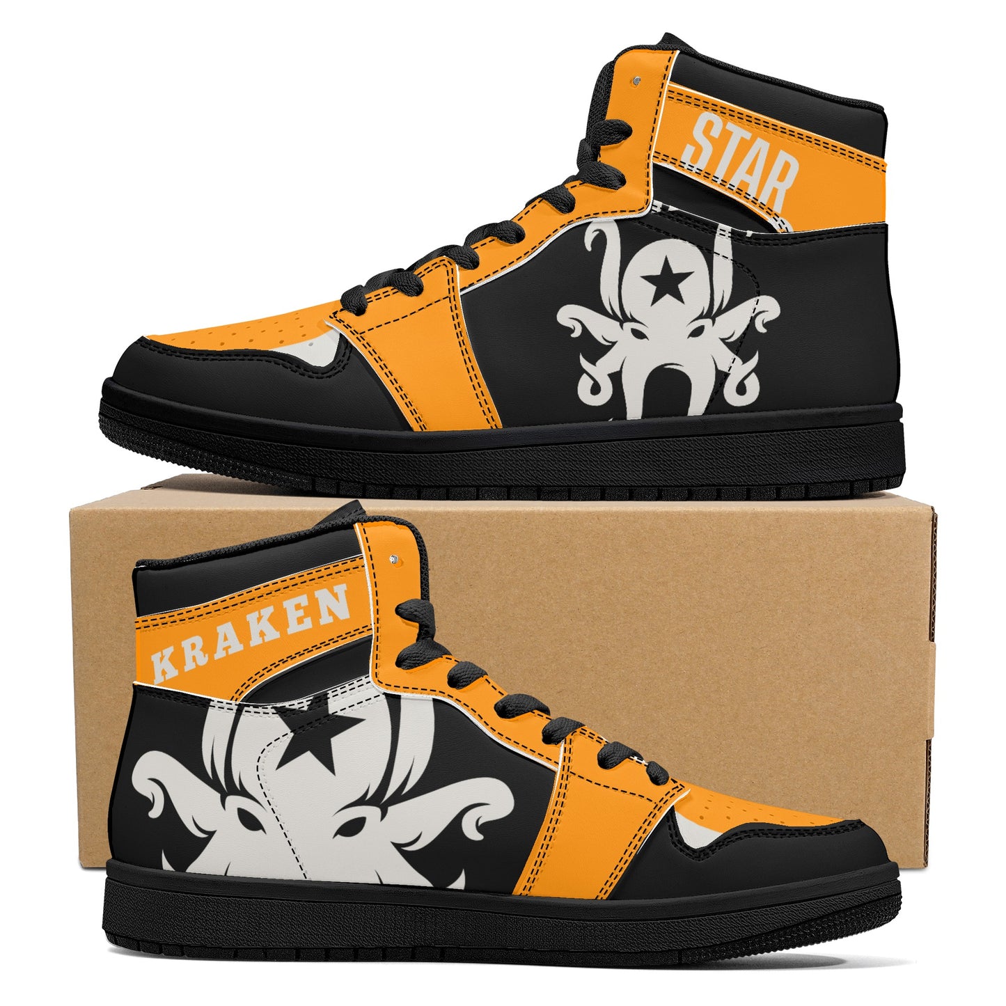 Star Kraken Mens Black/Orange High Top Leather Star Kicks