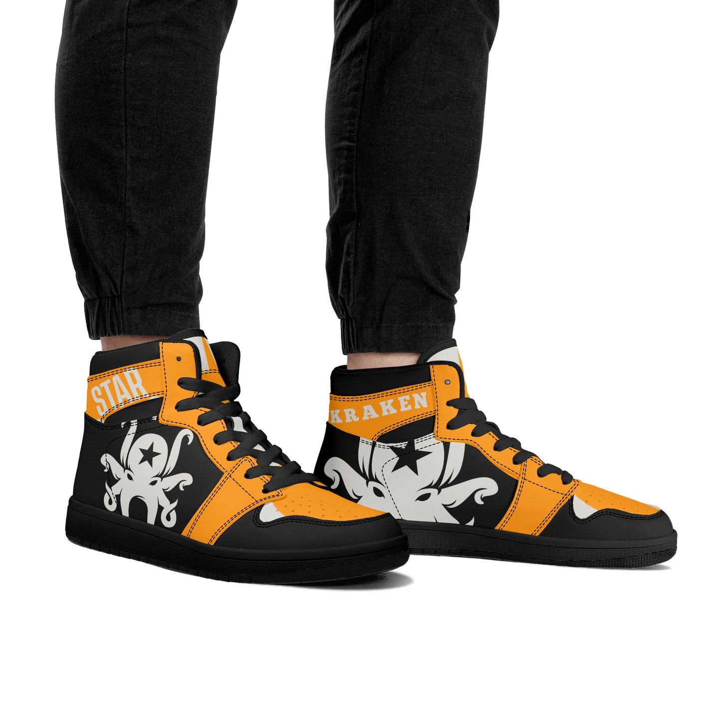 Star Kraken Mens Black/Orange High Top Leather Star Kicks