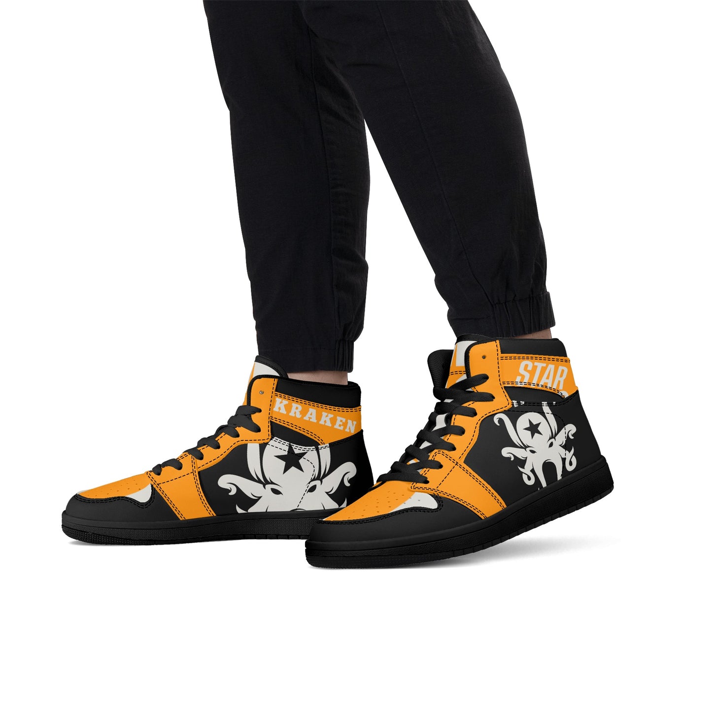 Star Kraken Mens Black/Orange High Top Leather Star Kicks