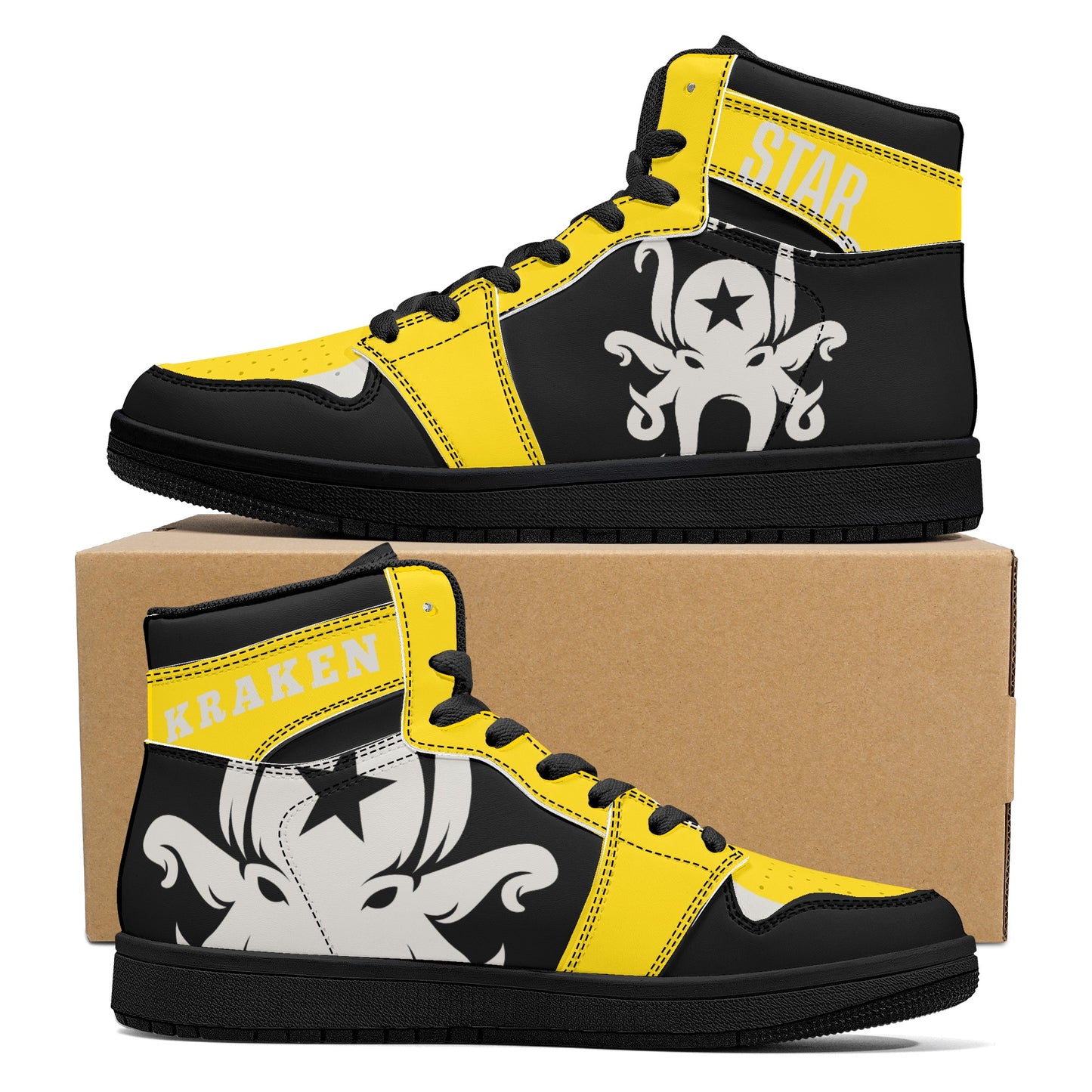 Star Kraken Mens Black/Gold High Top Leather Star Kicks