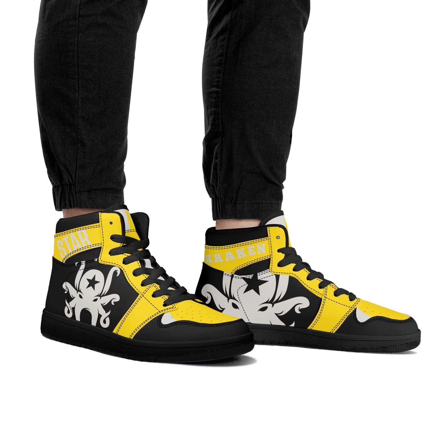 Star Kraken Mens Black/Gold High Top Leather Star Kicks