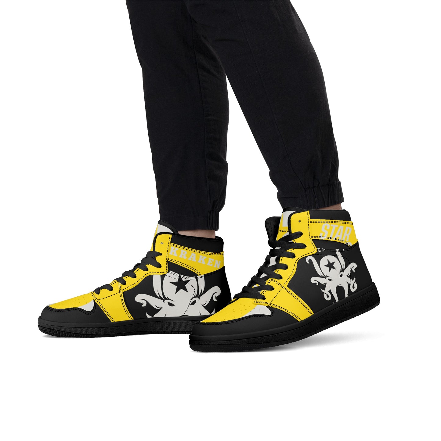 Star Kraken Mens Black/Gold High Top Leather Star Kicks