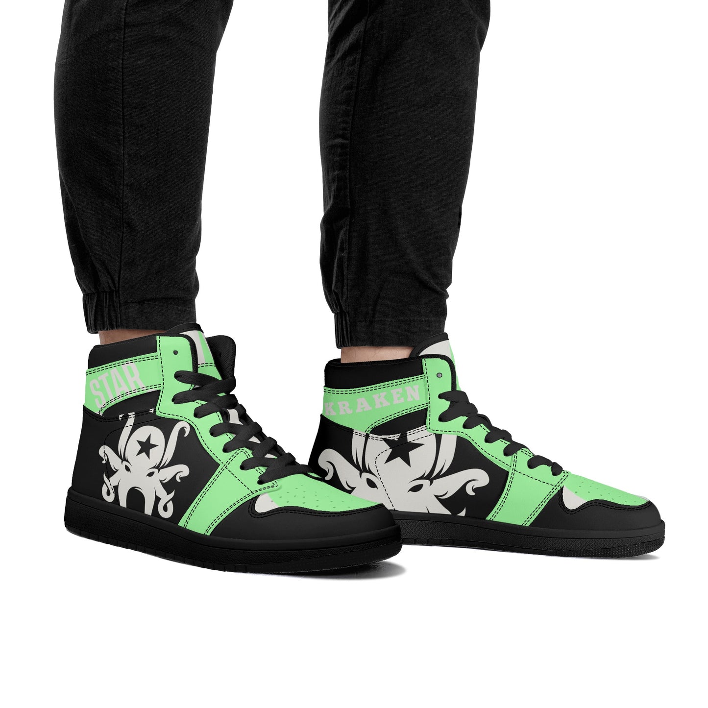 Star Kraken Mens Black/MintGreen High Top Leather Star Kicks