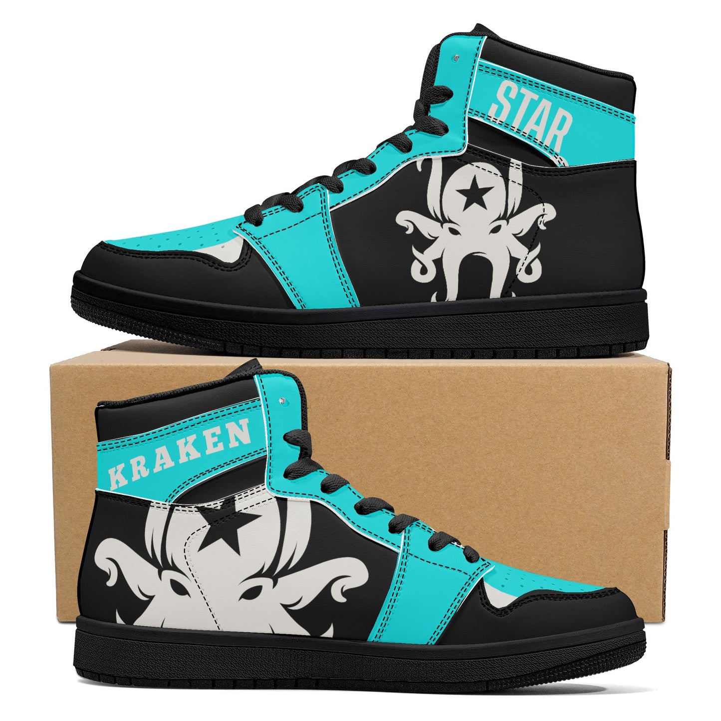 Star Kraken Mens Black/Turquoise High Top Leather Star Kicks