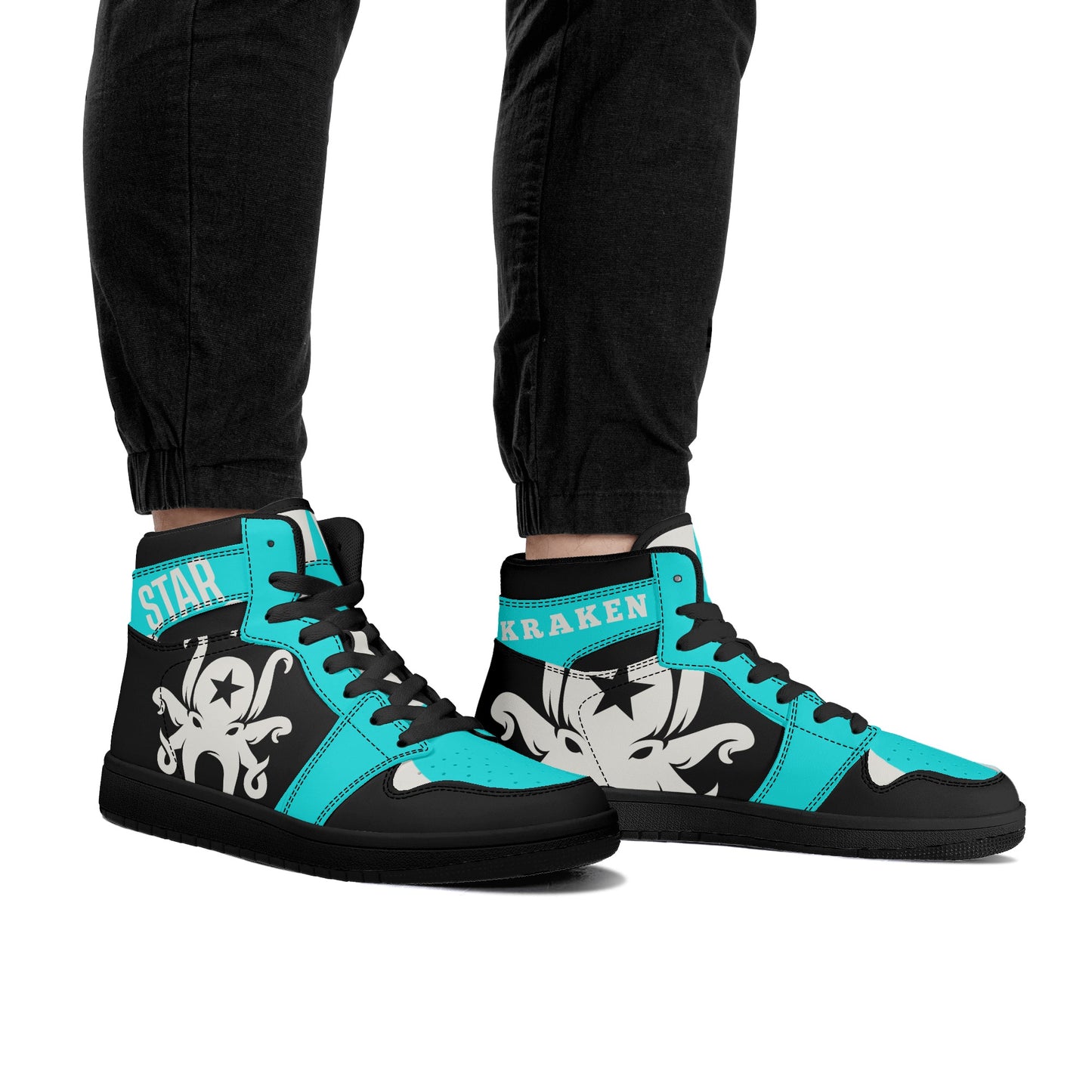 Star Kraken Mens Black/Turquoise High Top Leather Star Kicks