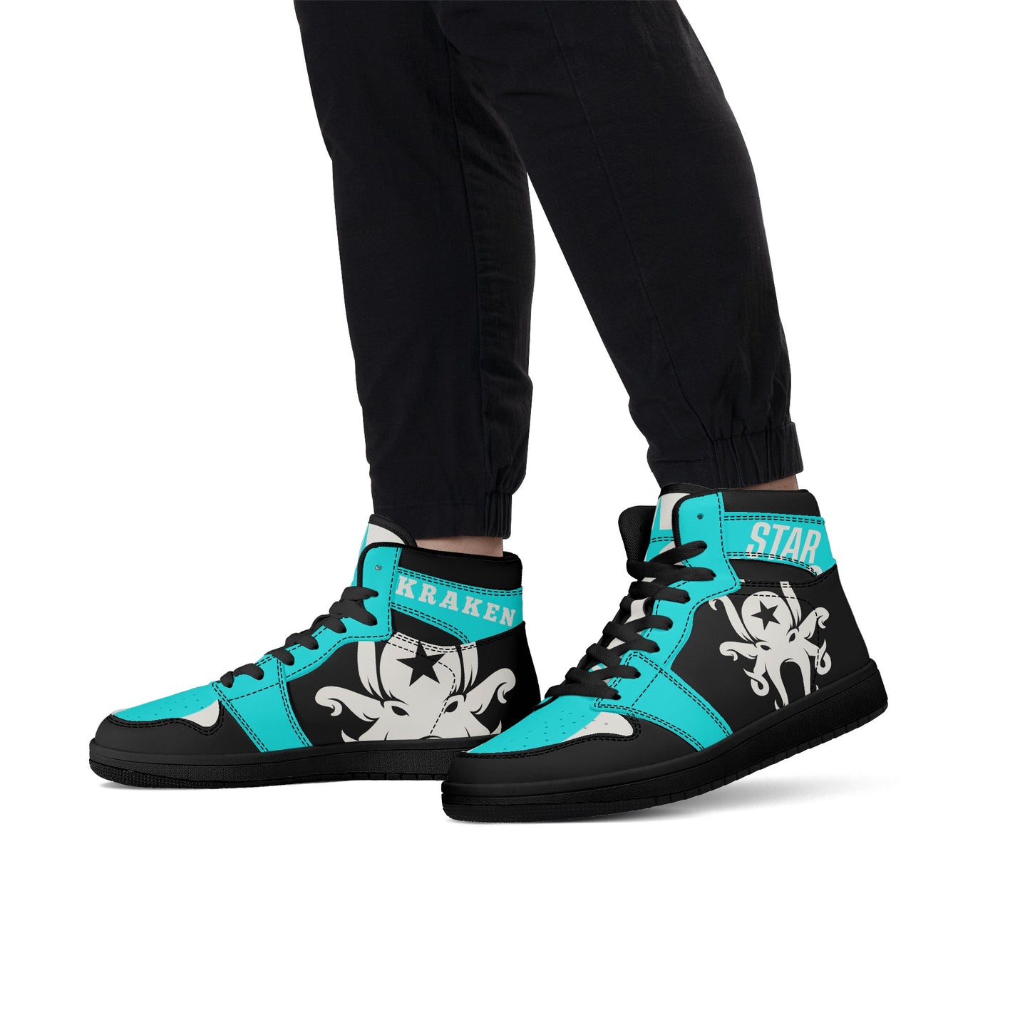 Star Kraken Mens Black/Turquoise High Top Leather Star Kicks