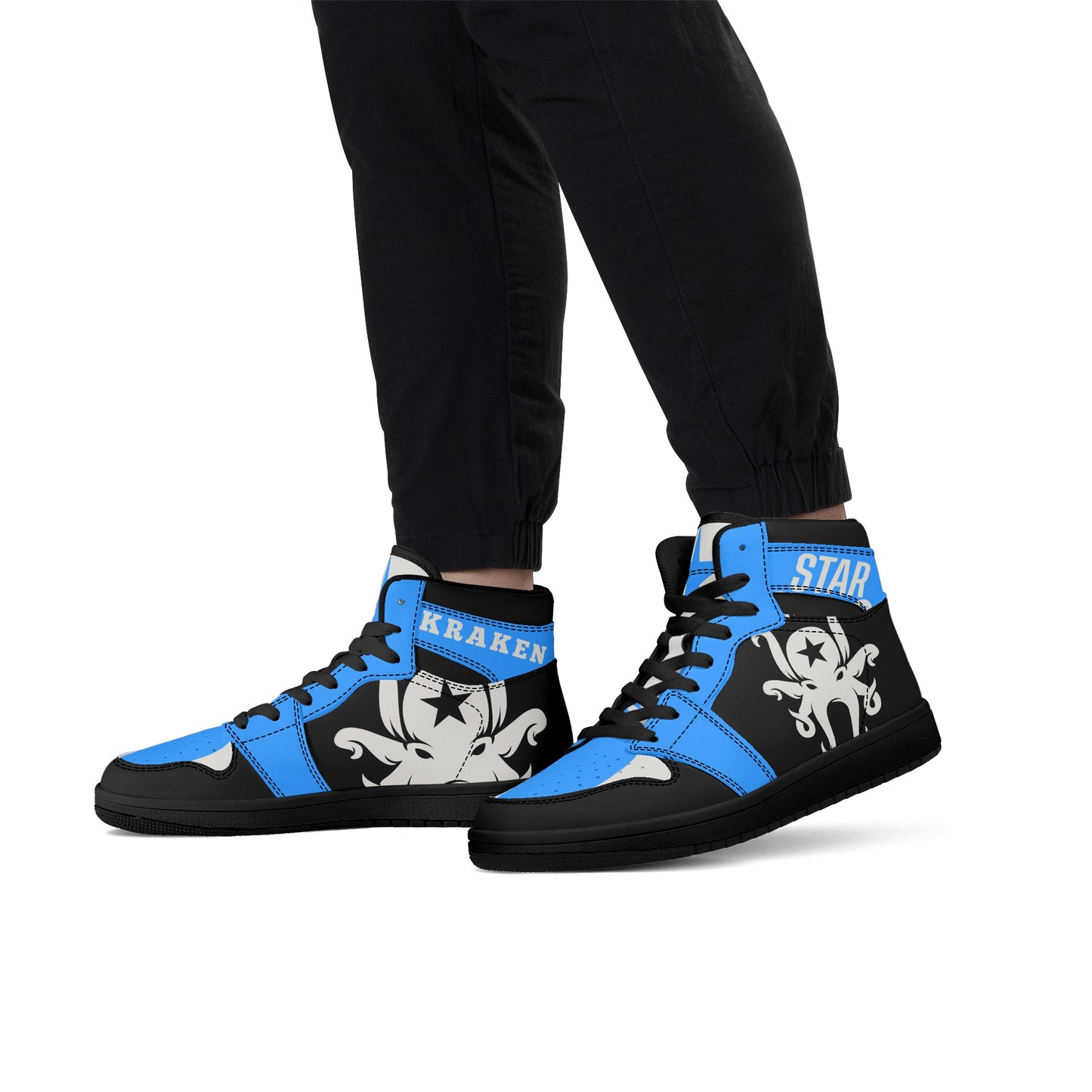 Star Kraken Mens Black/Blue High Top Leather Star Kicks