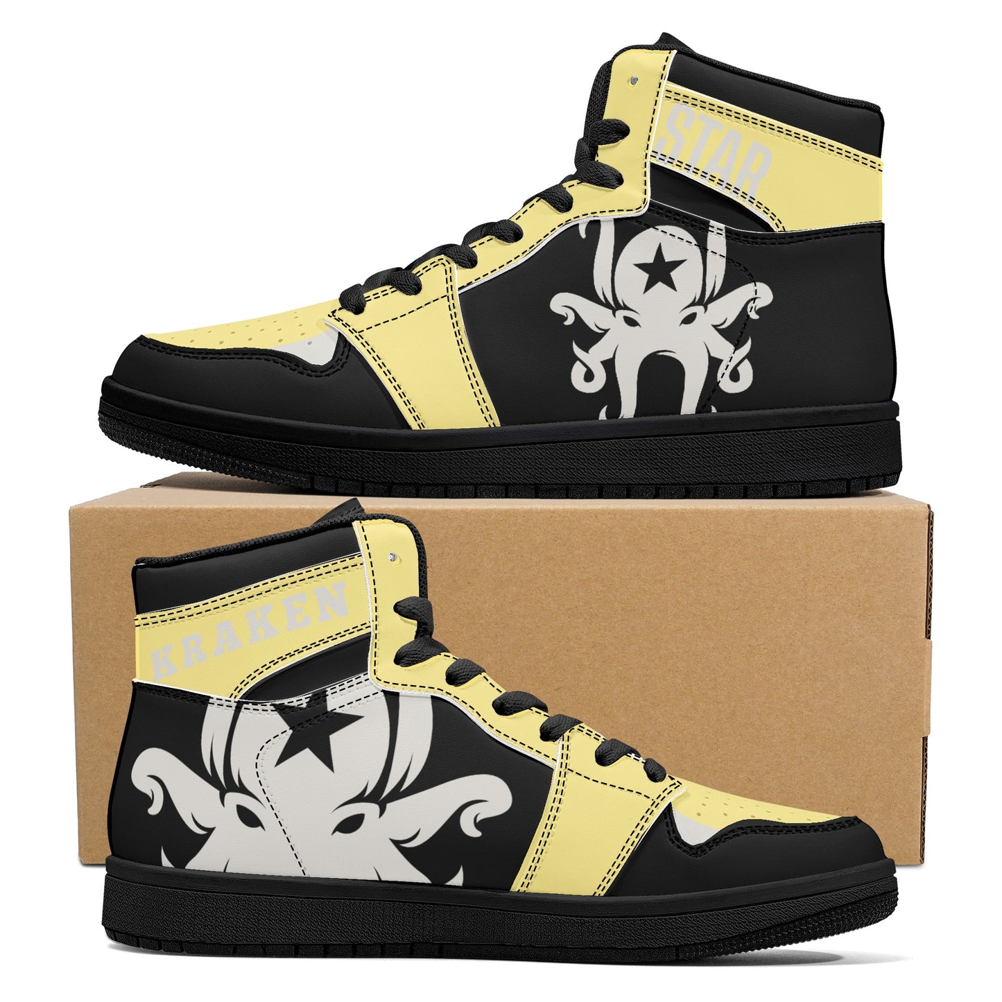 Star Kraken Mens Black/Tan High Top Leather Star Kicks