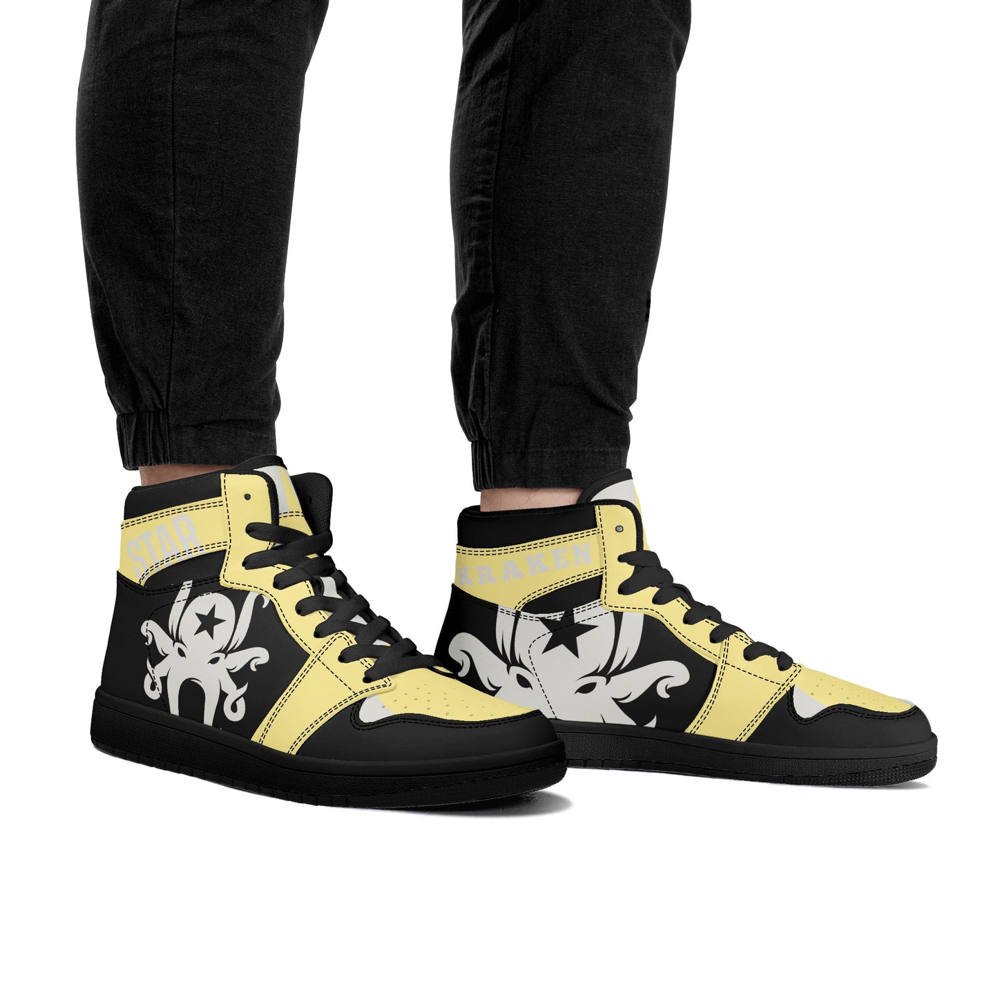 Star Kraken Mens Black/Tan High Top Leather Star Kicks