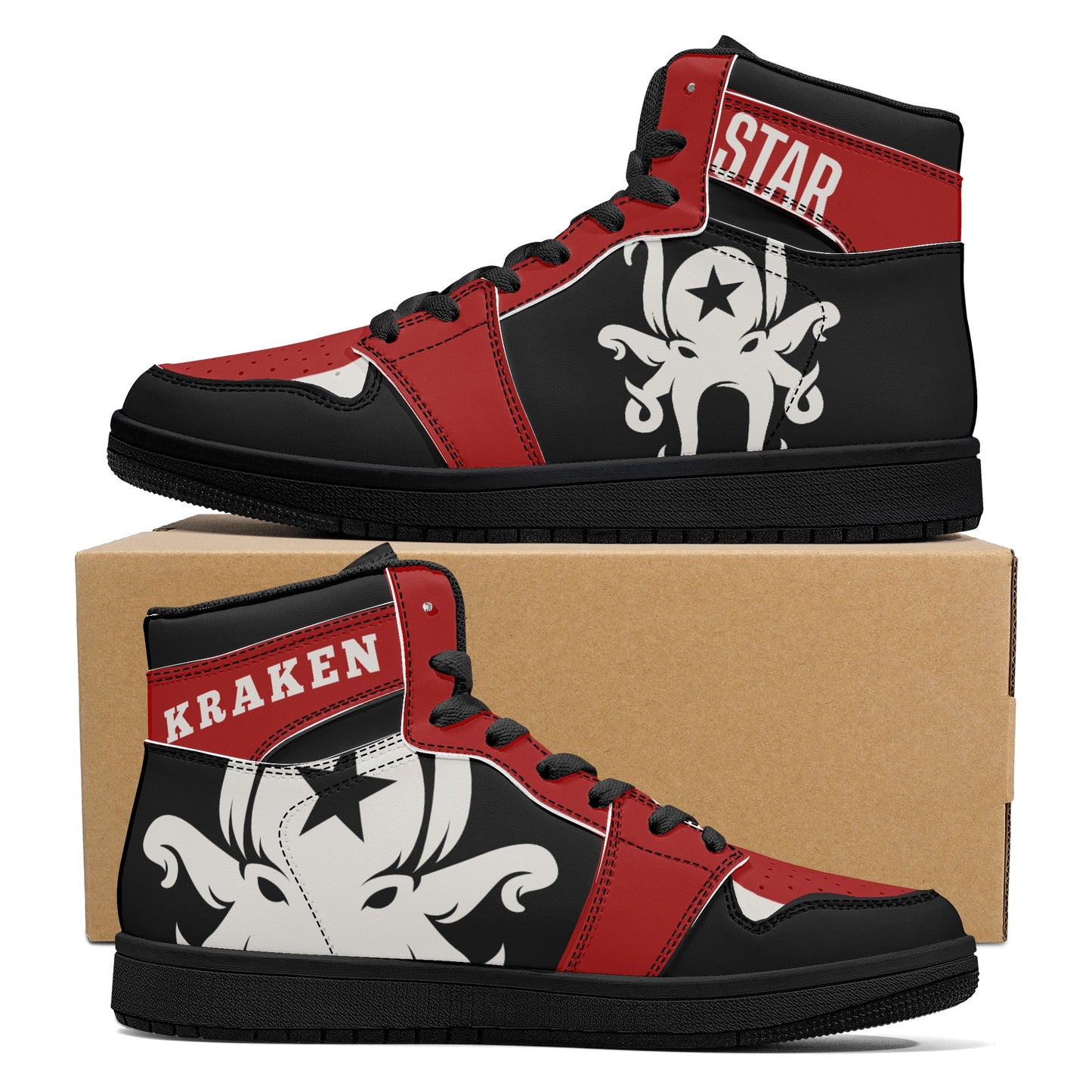 Star Kraken Mens Black/Maroon High Top Leather Star Kicks