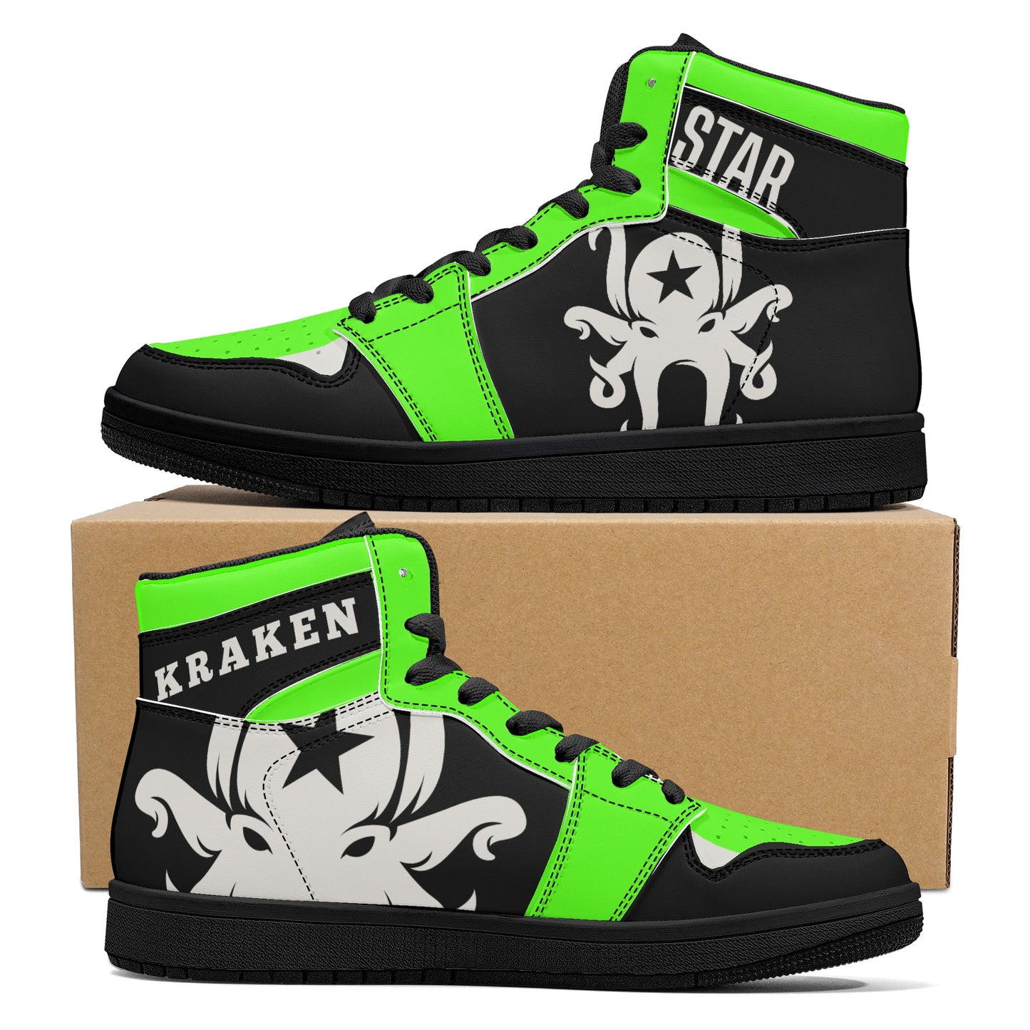 Star Kraken Mens Black/GooGreen High Top Leather Star Kicks