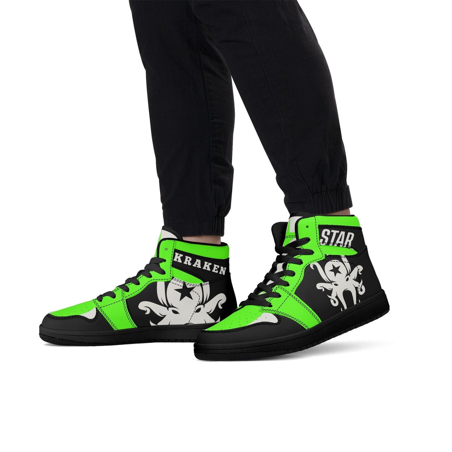 Star Kraken Mens Black/GooGreen High Top Leather Star Kicks