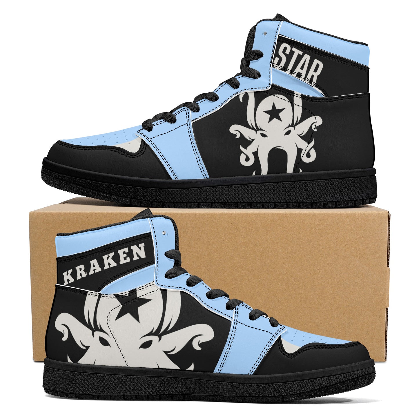 Star Kraken Mens Black/SkyBlue High Top Leather Star Kicks