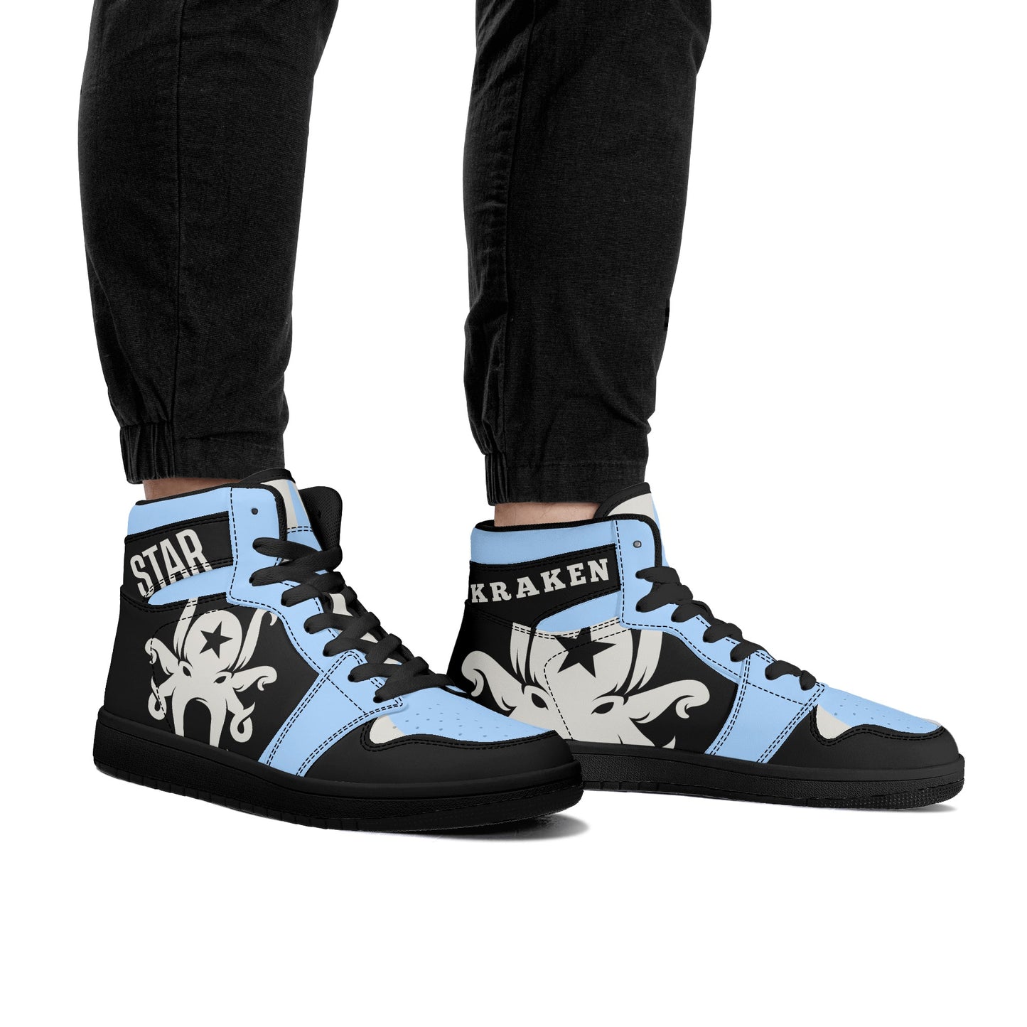 Star Kraken Mens Black/SkyBlue High Top Leather Star Kicks