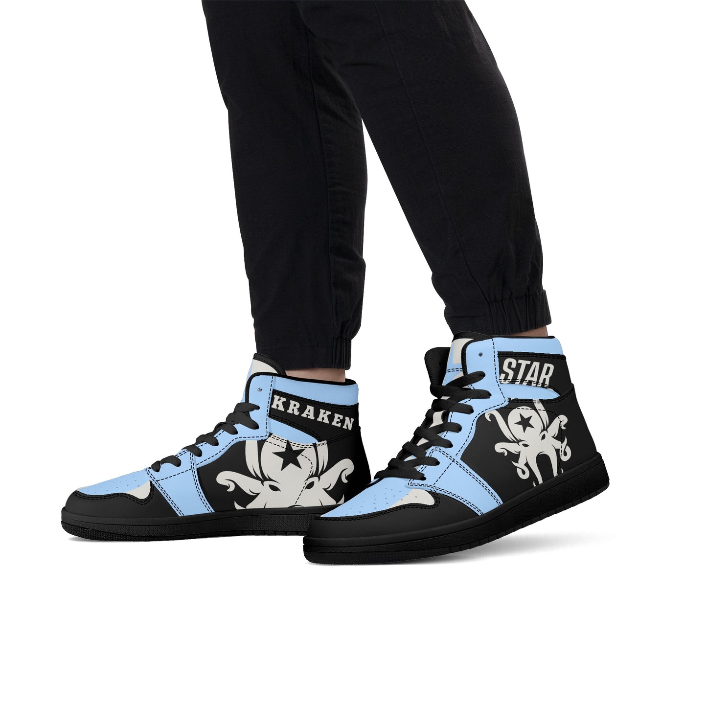 Star Kraken Mens Black/SkyBlue High Top Leather Star Kicks