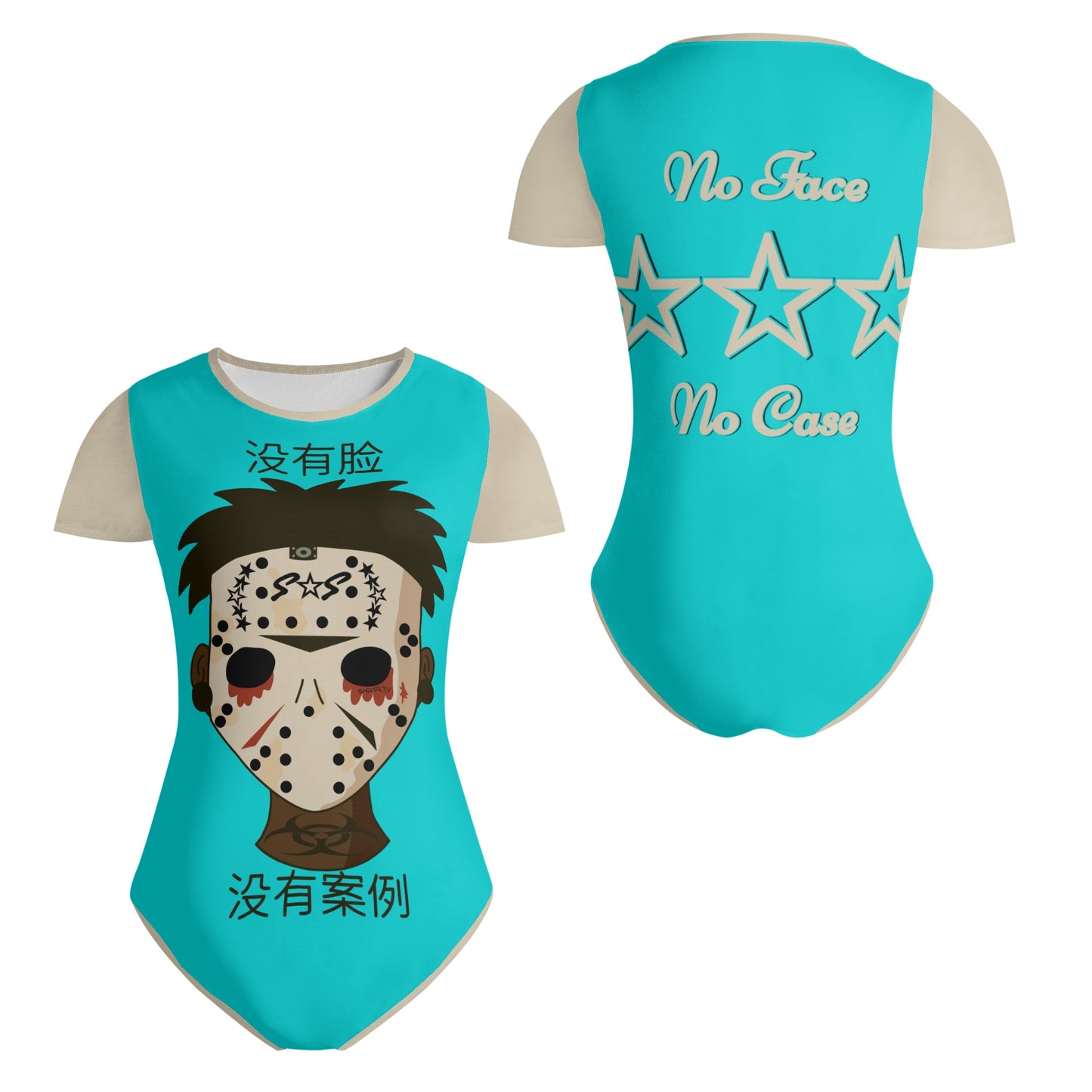 No Face, No Case Womens Turquoise Soft Short Sleeve Bodysuit