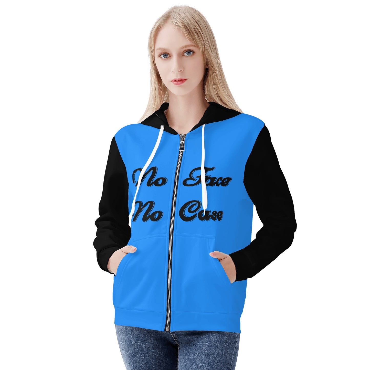 No Face, No Case Womens Blue Zip Up Hoodie