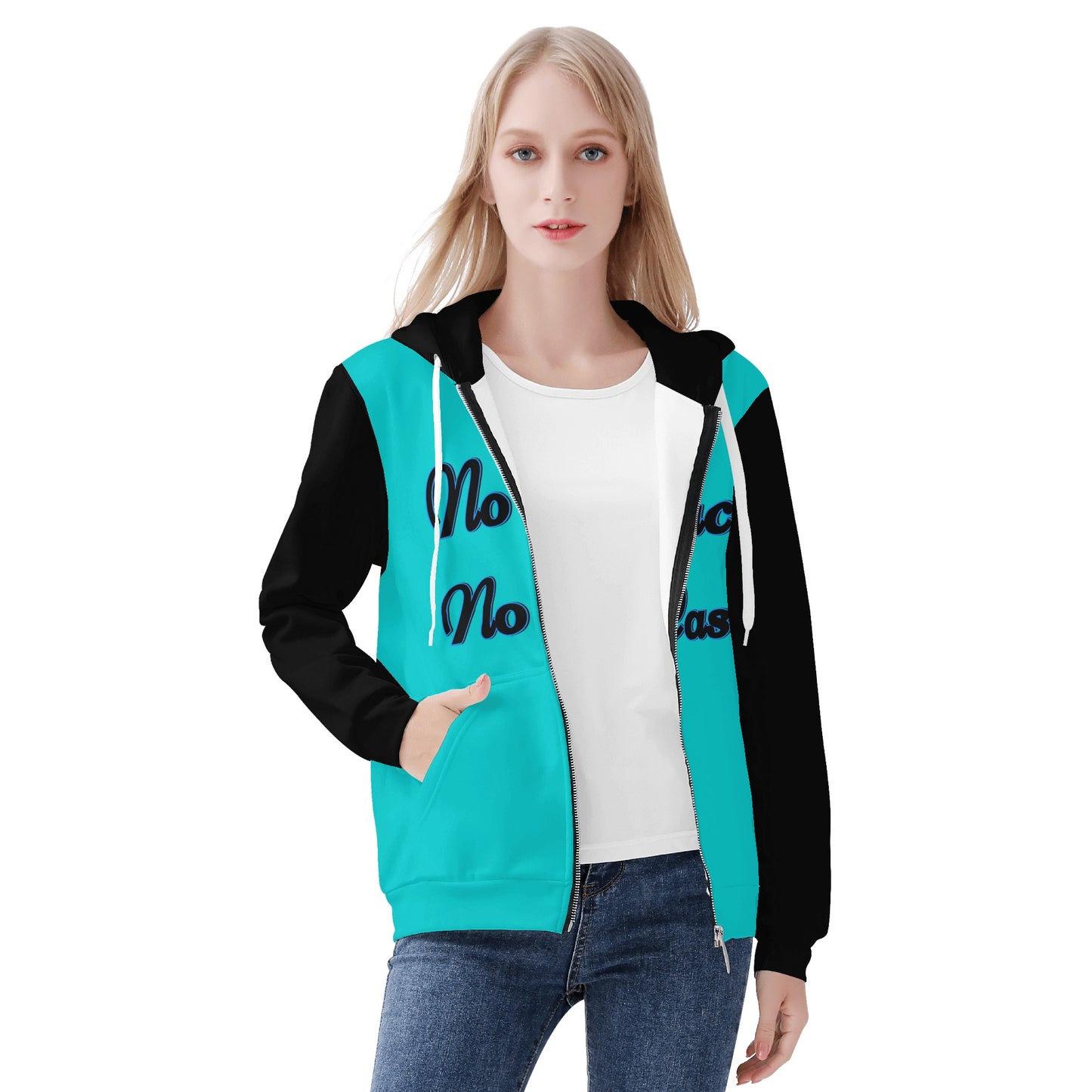 No Face, No Case Womens Turquoise Zip Up Hoodie