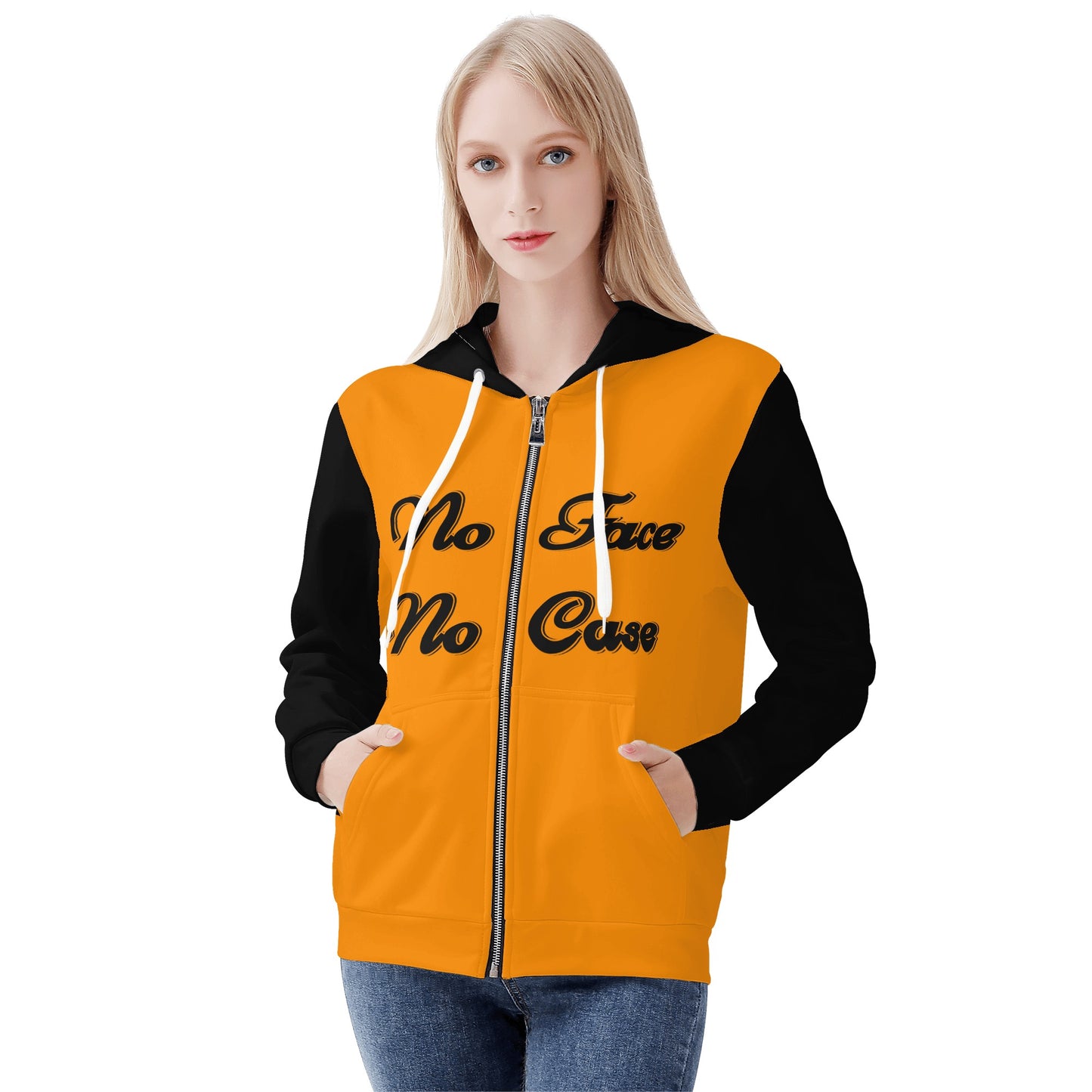 No Face, No Case Womens Orange Zip Up Hoodie