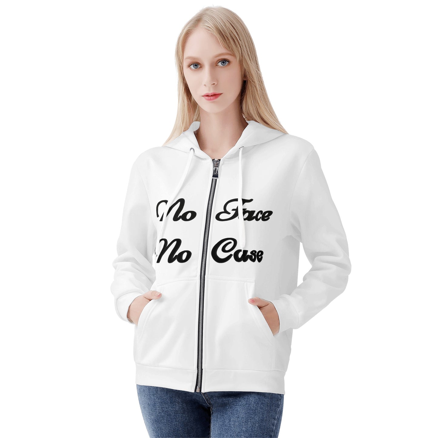 No Face, No Case Womens White Zip Up Hoodie