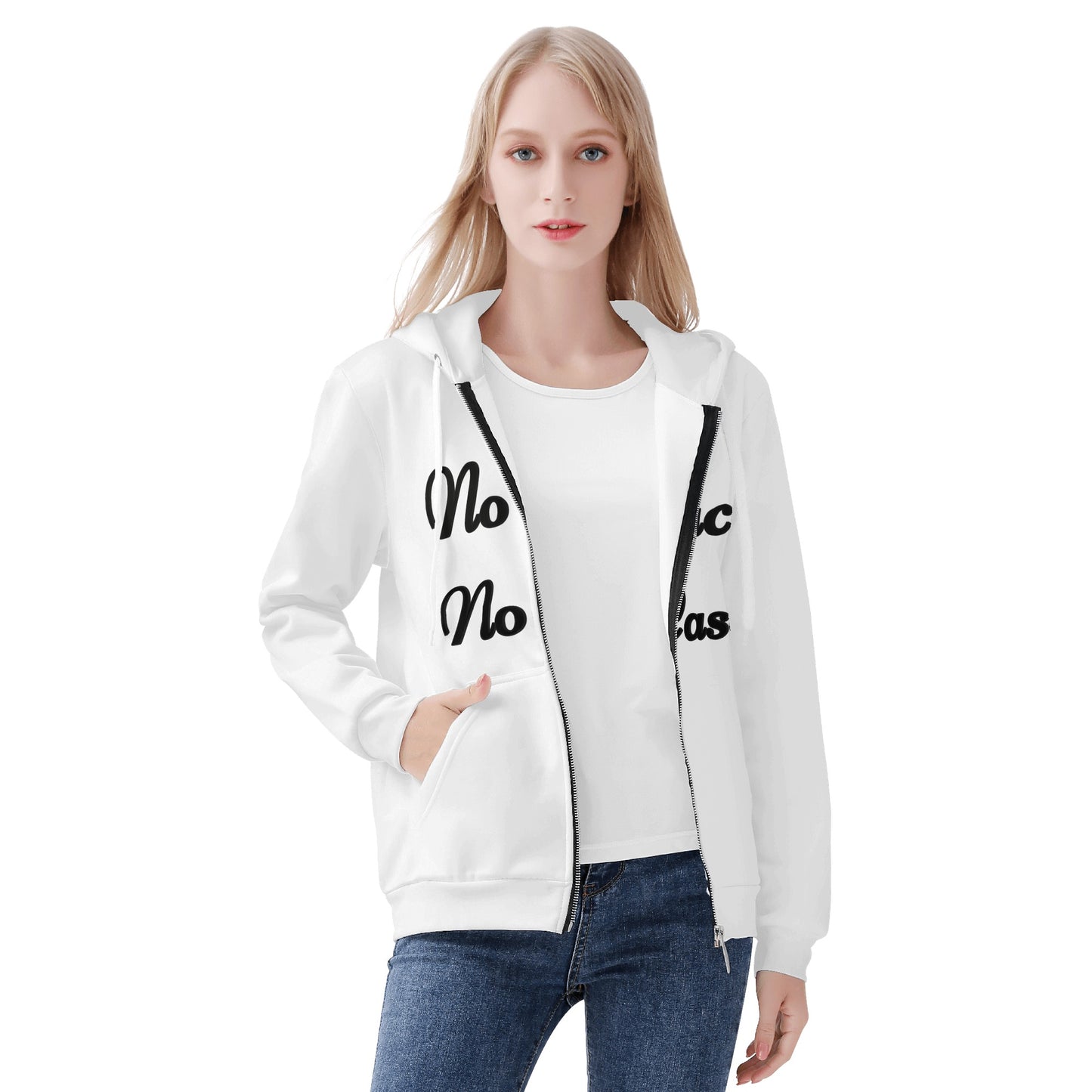 No Face, No Case Womens White Zip Up Hoodie